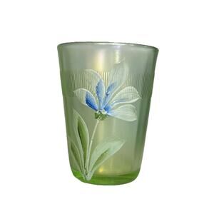 Antique Fenton Carnival Green Vaseline Glass Painted Daisy Flower Tumbler Cup 4”